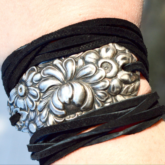Antique Obsessions Jewelry - Antique Sterling Silver Suede Tie Bracelet Cuff